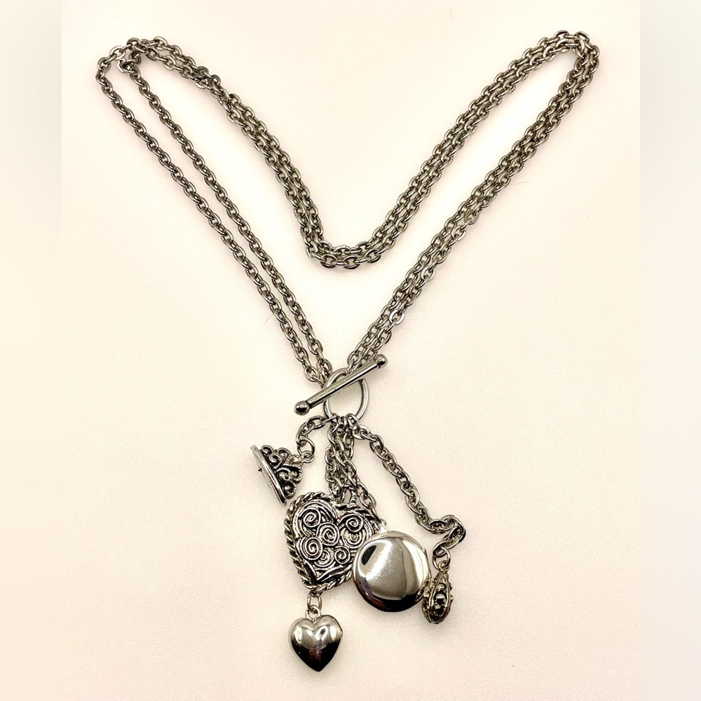 Silver Tone Double Chain Necklace Choker with Dangling Charms and Locket - Picture 8 of 8